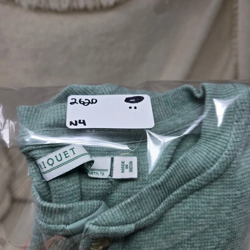 Criquet Henley Shirt Mens Large Green Waffle Knit Thermal Long Sleeve Cotton